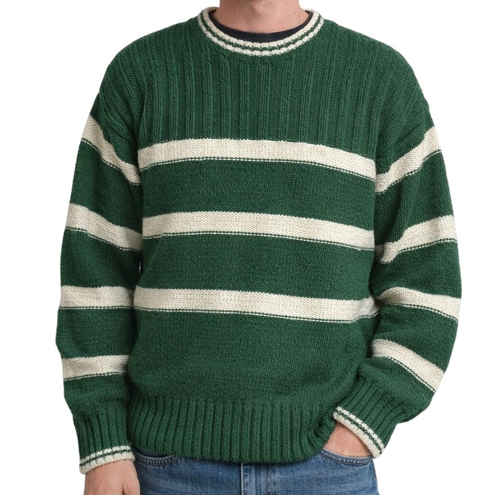 Vintage British Khaki by Robert Lighton Green Striped‎ Cotton Knit Sweater Large